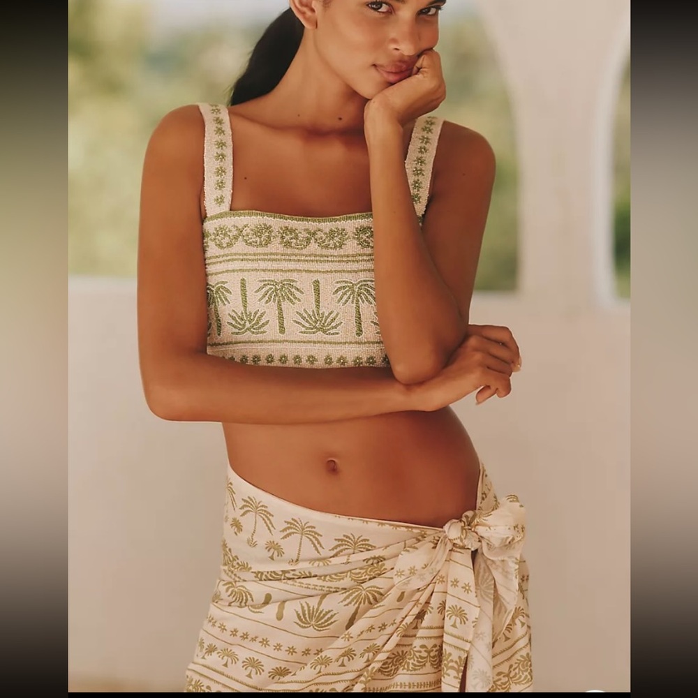 Anthropology Celandine Beaded Palm Tree Cami. Green and Cream Beaded Crop Top